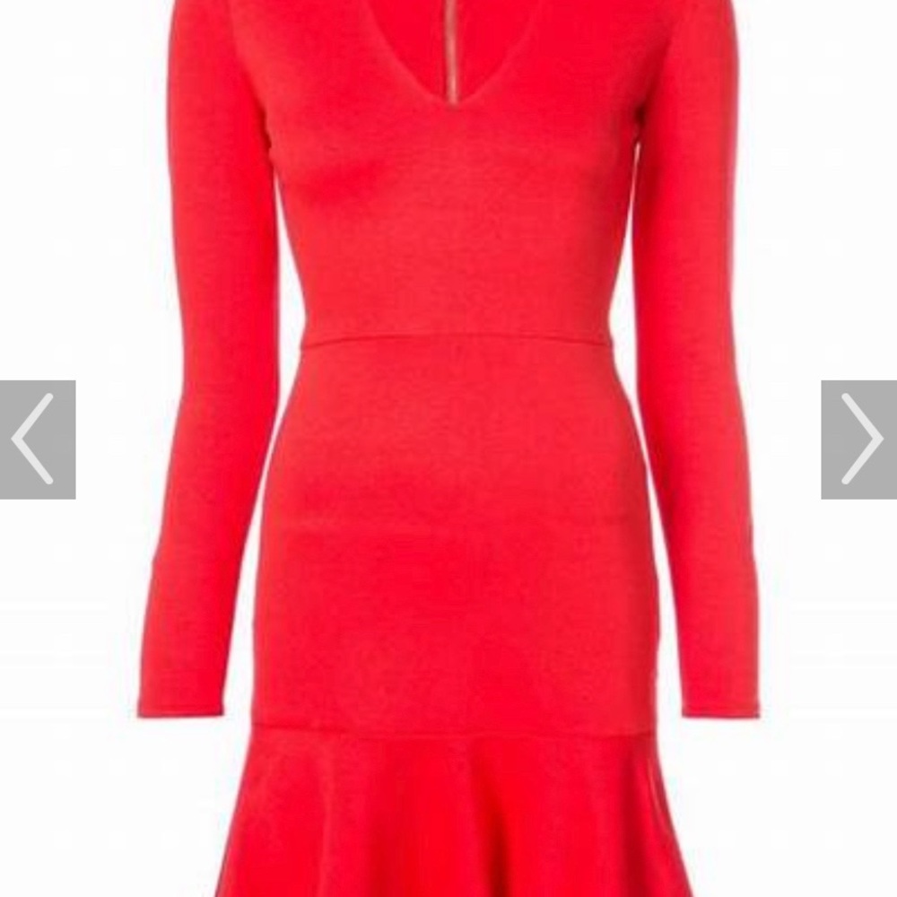 Alice + Olivia LS red dress, v neck, peplum hem size 8